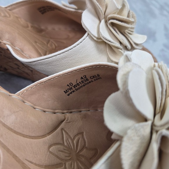 Born Women Cream Leather Flower Cork Wedge Slide Sandals W81838 10 Y2K Safflower - Picture 5 of 11